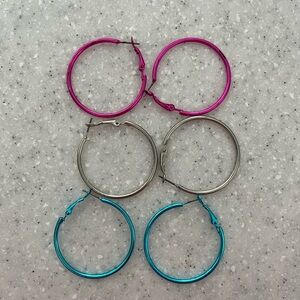 3 pairs metal hoop earrings - pink, turquoise & silver